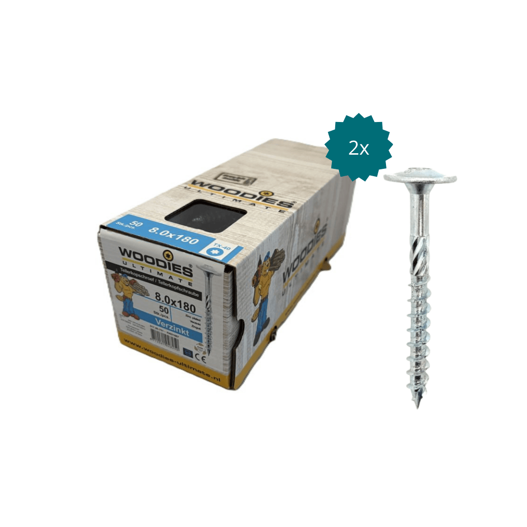 Woodies Tellerkopschroeven 8.0x180 mm Torx-40 Verzinkt | Sterke houtbouwschroeven – Voordeelbundel 2 dozen