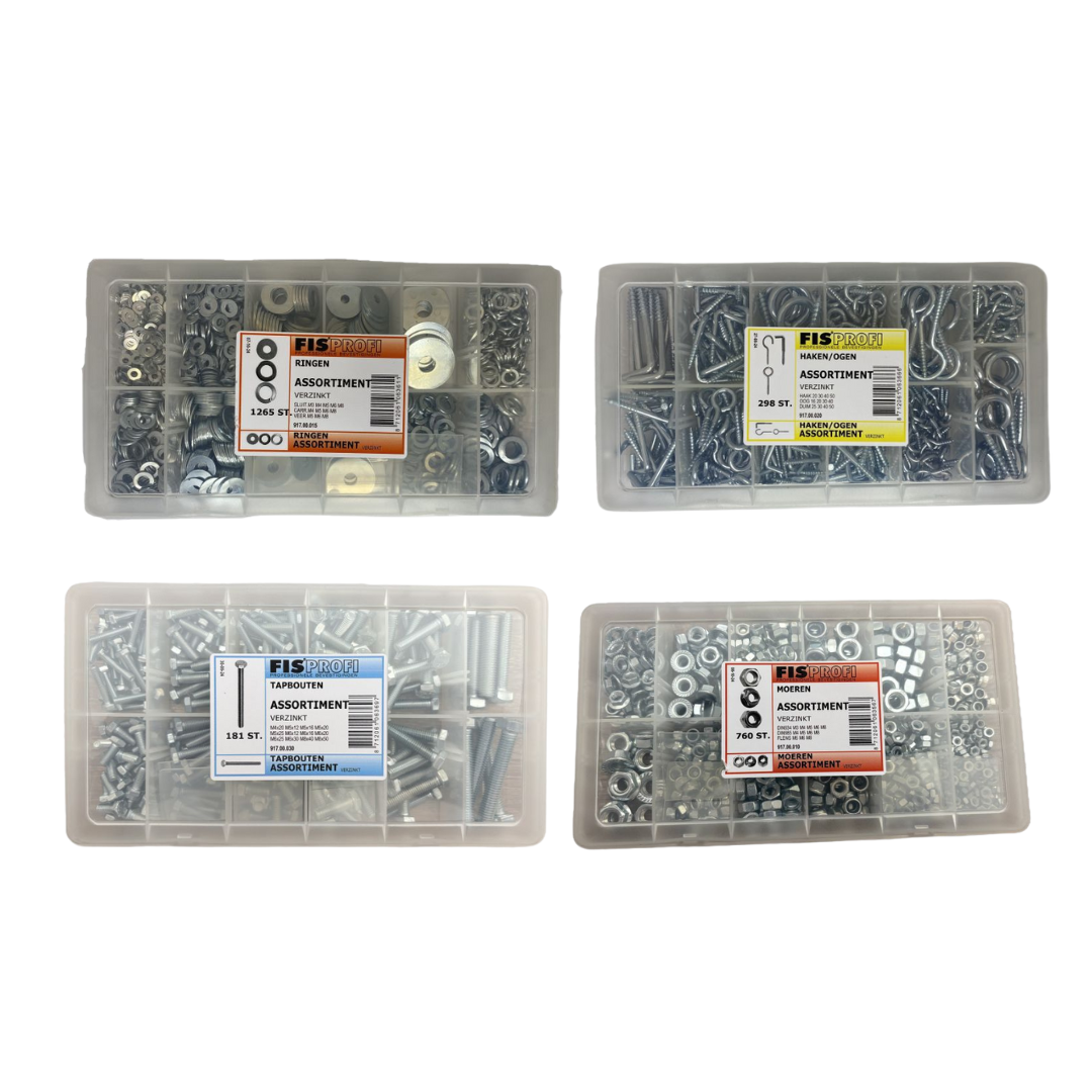 Complete klusset – 4 assortimentsdozen met bouten, moeren, ringen en haken | Ideale basisset voor elke klusser