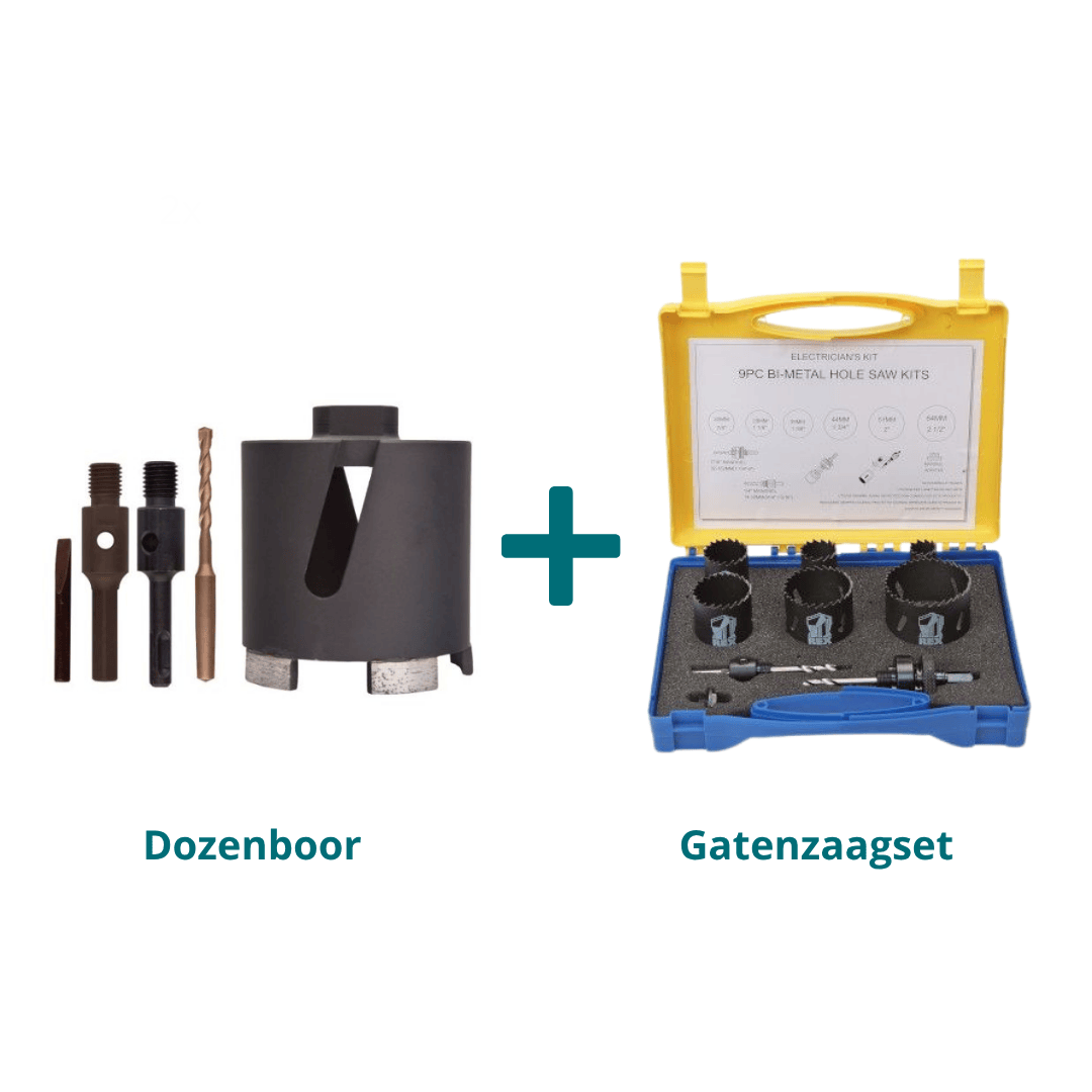 Complete boor- en gatenzaagset – Diamant dozenboor 82 mm + REX gatenzaagset 9-delig